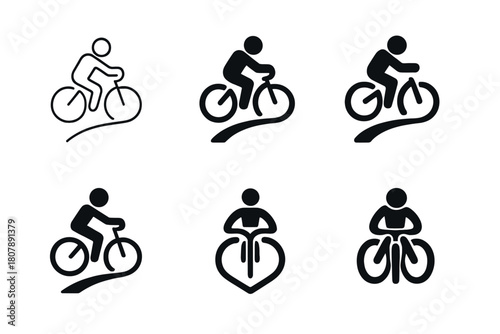 Cyclist Logo Variations. Person on bicycle. Icon set. Set Logo of person on bicycle: cyclist pedaling forward with dynamic motion lines. harmonious logo