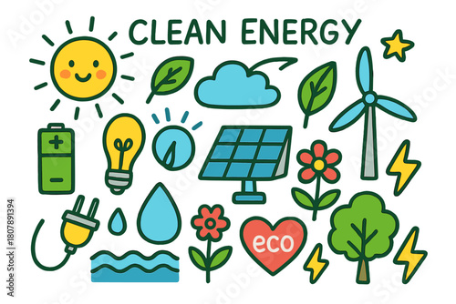Colorful Clean Energy Doodle. Clean Energy. Colorful Hand-drawn doodle Children illustration Clean Energy sun, cloud, leaf, battery, light bulb, solar panel,