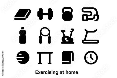 Home Exercise Icons. Exercising at home. Solid icon set of Exercising at home: yoga mat, dumbbell, kettlebell, resistance band, water bottle, jump rope,
