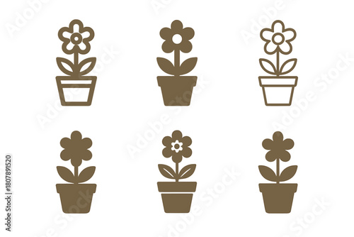 Floral Logo Icons. Flowers. Icon set. Set Logo of Flowers: Potted plant. harmonious logo variations of the same emblematic concept, each with different