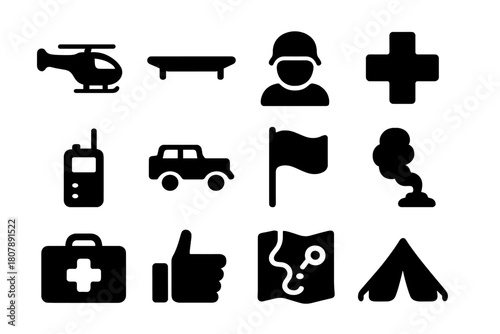 Military Rescue Icons. Military rescue. Solid icon set of military rescue: helicopter, stretcher, soldier, cross symbol, radio, jeep, flag, smoke, first aid