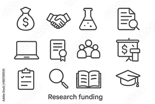 Research Funding Icons. Research funding. Line icon set of Research funding: money bag, handshake, laboratory flask, research paper, laptop, certificate, group