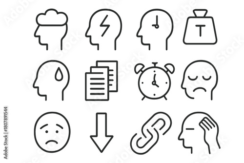 Stress Icon Set. Stress and Pressure. Line icon set of Stress and Pressure: head with cloud, lightning bolt, clock, weight, sweat drop, document stack, alarm,