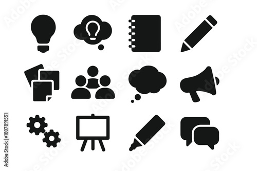 Innovation Icons Grid. Innovation Workshop. Solid icon set of Innovation Workshop: light bulb, idea cloud, notebook, pencil, sticky notes, people