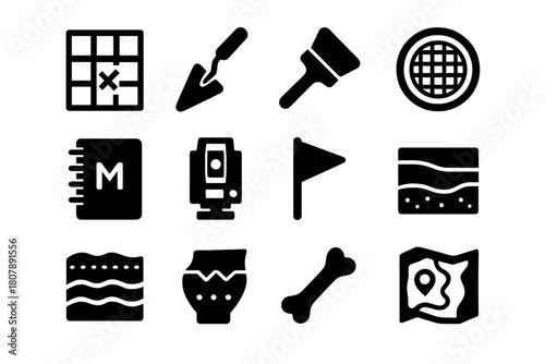 Archaeology Tools Icons. Archaeology Mound Site. Solid icon set of Archaeology Mound Site: survey grid, trowel, brush, sieve, field notebook, total station,