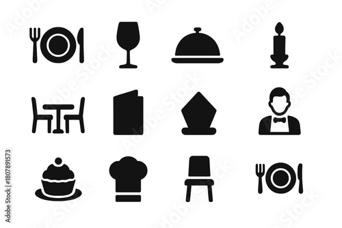 Fine Dining Icons. Fine dining experience. Solid icon set of Fine dining experience: plate with cutlery, wine glass, cloche, candle, restaurant table, menu,