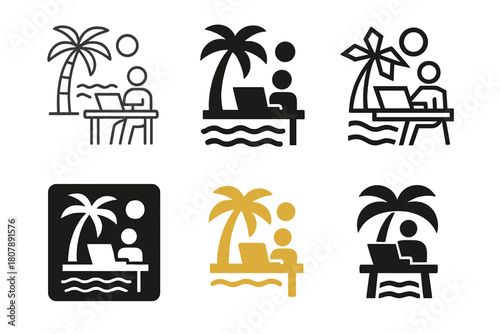 Tropical Freelancer Logos. Freelancer working from a tropical location. Icon set. Set Logo of Freelancer working from a tropical location: Laptop on a beach