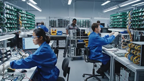 Diverse team of technicians and engineers assemble and test electronic components in modern clean room laboratory