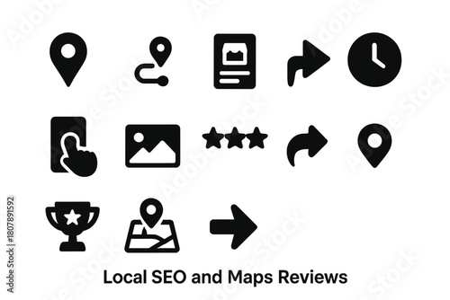 Local SEO Icons. Local SEO and Maps Reviews. Solid icon set of Local SEO and Maps Reviews: map pin, route path, business listing card, opening hours, phone