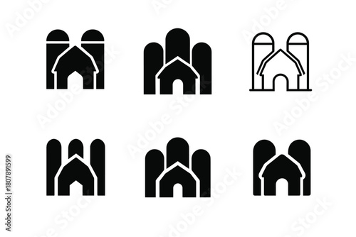 Grain Silo Icons. Grain silo. Icon set. Set Logo of grain silo: silo with grain icon. harmonious logo variations of the same emblematic concept, each with