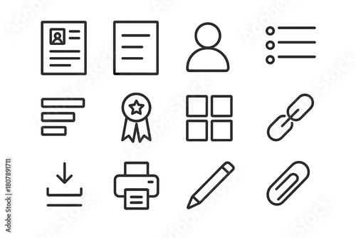 Resume Icon Set. Resume and portfolio. Line icon set of resume and portfolio: resume page, cover letter page, profile avatar, bullet list, skills bars,