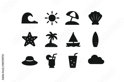 Beach Icons Grid. Beach scenery. Solid icon set of beach scenery: wave, sun, umbrella, sand, shell, starfish, palm tree, boat, surfboard, hat, drink, cloud.