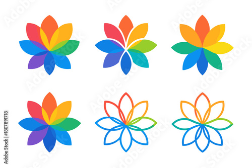Colorful Flower Icons. Vibrant colors. Icon set. Set Logo of vibrant colors: abstract flower made of rainbow petals. harmonious logo variations of the same
