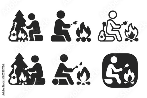 Campfire Story Icons. A person sitting by a campfire in the woods, roasting marshmallows and telling stories. Icon set. Set Logo of A person sitting by a