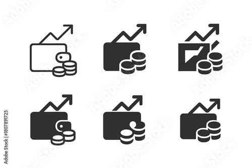 Expense Tracking Icons. Tracking monthly expenses. Icon set. Set Logo of tracking monthly expenses: line graph with trend arrow and currency dot markers.
