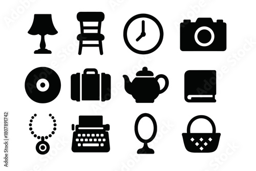 Flea Market Icons. Flea market finds. Solid icon set of flea market finds: vintage lamp, chair, clock, camera, vinyl record, suitcase, teapot, book, jewelry,