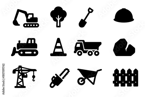 Land Clearing Icons. Land clearing and excavation crews. Solid icon set of land clearing and excavation crews: excavator, bulldozer, dump truck, tree, shovel,