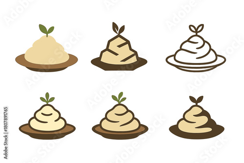 Mashed Potato Logos. Mashed potato mound. Icon set. Set Logo of mashed potato mound: serving spoon scooping mashed potatoes. harmonious logo variations of the