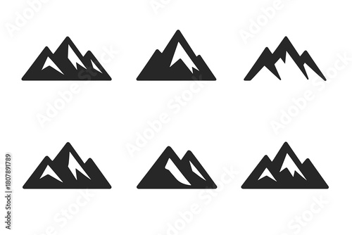 Natural Spring Exploration. A family exploring a natural hot spring in a remote mountain area. Icon set. Set Logo of Mountain Peaks: Scenic backdrop. Flat