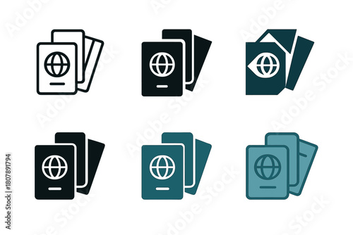Digital Nomad Icons. Digital nomad lifestyle and travel work. Icon set. Set Logo of Digital nomad lifestyle and travel work: Airplane with laptop. harmonious
