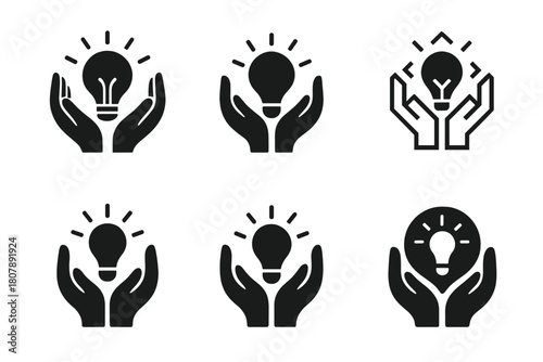 Dynamic Logo Designs. Business incubator. Icon set. Set Logo of business incubator: protective hands surrounding a glowing innovation symbol. harmonious logo