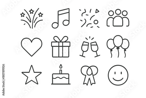 Festivity Icon Set. Festivity and joy. Line icon set of festivity and joy: fireworks, music note, confetti, people group, heart, gift box, clinking glasses,