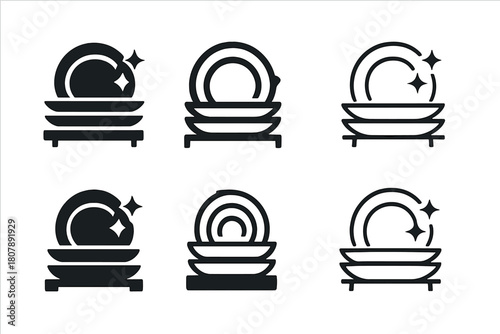 Stacked Plates Logo Variations. Stacking clean plates. Icon set. Set Logo of stacking clean plates: kitchen shelf with plates. harmonious logo variations of