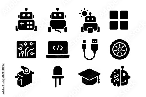 Educational Robots Icons. Educational Robots. Solid icon set of Educational Robots: coding bot, line follower, light sensor, color blocks, circuit board,