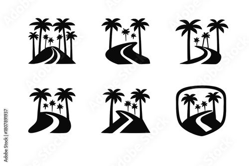 Hollywood Boulevard Icons. Hollywood Boulevard. Icon set. Set Logo of Hollywood Boulevard: street performer silhouette with guitar next to star tile.