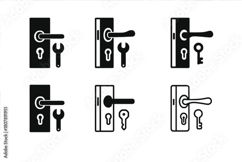 Iconic Door Hardware Designs. Replacing door hardware (knob or handle). Icon set. Set Logo of replacing door hardware (knob or handle): handle and