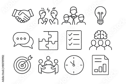 Workplace Resolution Icons. Workplace problem resolution. Line icon set of Workplace problem resolution: handshake, two people arguing, mediator, lightbulb,
