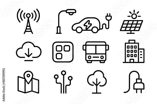 Smart City Icons. Smart city planning. Line icon set of Smart city planning: skyscraper, road, traffic light, bridge, construction crane, apartment building,