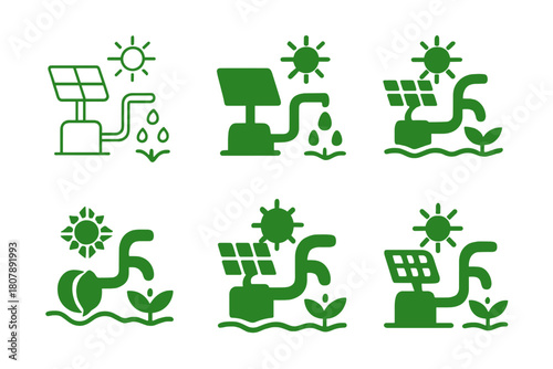 Eco-friendly Irrigation Icons. Eco-friendly irrigation. Icon set. Set Logo of eco-friendly irrigation: water droplet recycling loop. harmonious logo variations