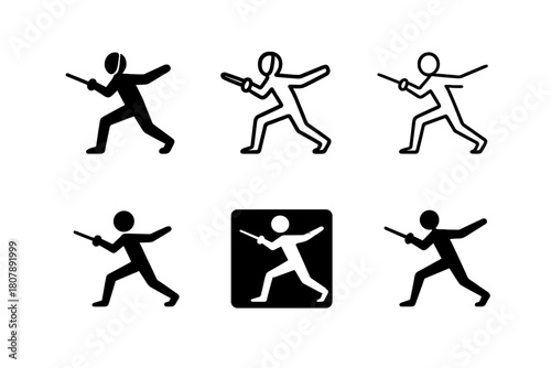 Fencing Icon Set. Fencing. Icon set. Set Logo of Fencing: Footwork/Movement. harmonious logo variations of the same emblematic concept (Filled silhouette,