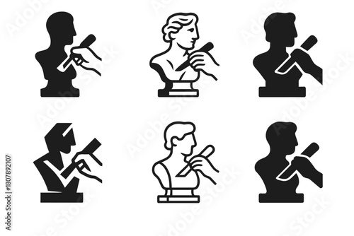 Sculptural Art Logos. Craftsmanship and manual labor in the arts. Icon set. Set Logo of Sculpture: sculptor?s hand carving a statue. harmonious logo variations