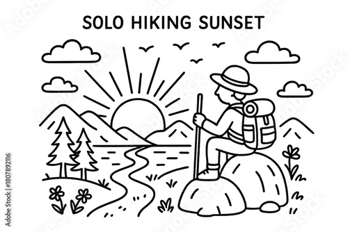 Hiker's Sunset Doodle. Solo Hiking Sunset. Hand-drawn doodle illustration Solo Hiking Sunset person on rock, sunset, mountains, clouds, river, trees, backpack,
