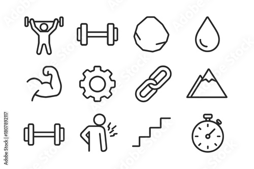 Physical Effort Icons. Physical Effort. Line icon set of Physical Effort: person lifting weight, dumbbell, rock, sweat drop, arm muscle, gear, chain, mountain,