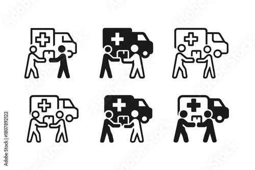 Volunteer Relief Icons. Volunteers distributing food and supplies in disaster areas. Icon set. Set Logo of Volunteers distributing food and supplies in