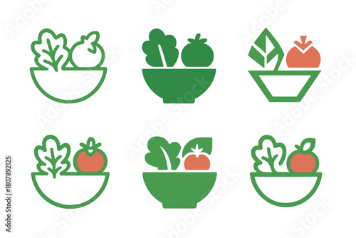 Stylized Salad Logos. Salad bowl. Icon set. Set Logo of salad bowl: stylized bowl with lettuce and tomato shapes. harmonious logo variations of the same