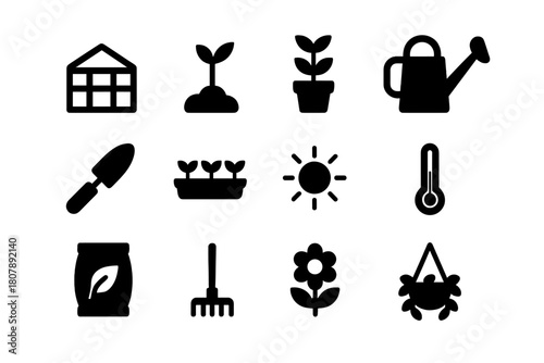 Indoor Gardening Icons. Indoor Gardening. Solid icon set of Indoor Gardening: greenhouse, seedling, potted plant, watering can, garden trowel, plant tray, sun,