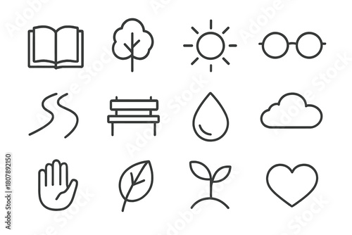 Calm Nature Icons. Calm Nature Study. Line icon set of Calm Nature Study: book, tree, sun, glasses, path, bench, droplet, cloud, hand, leaf, plant, heart. All