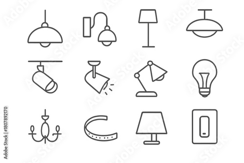 Lighting Fixture Icons. Lighting fixtures. Line icon set of lighting fixtures: pendant light, wall sconce, floor lamp, ceiling light, track light, spotlight,