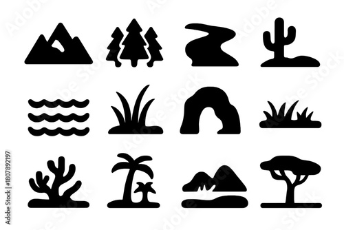 Natural Landscape Icons. Natural Landscapes. Solid icon set of Natural Landscapes: mountain, forest, river, desert, ocean, wetland, cave, grassland, coral