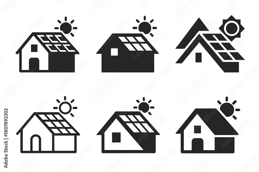 Fototapeta premium Solar Roofing Icons. Solar roofing systems. Icon set. Set Logo of solar roofing systems: installer hand with wrench over panel. harmonious logo variations of
