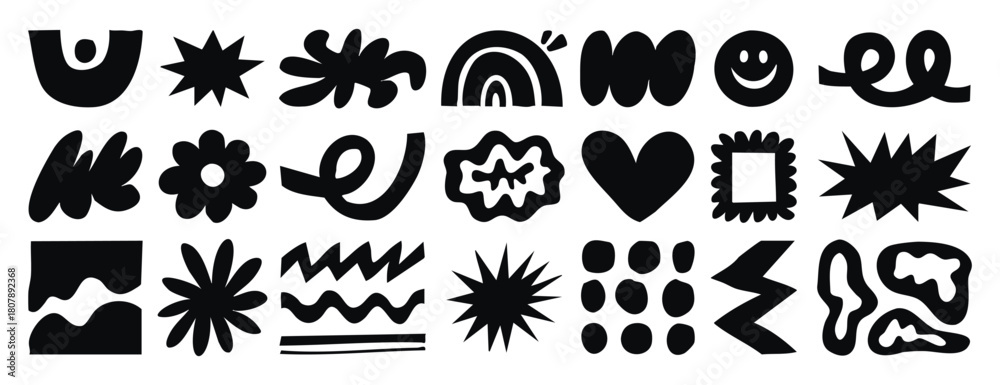 Fototapeta premium Abstract doodle elements with spirals, plants and wavy lines in naive style. Monochrome line art, hand drawn.