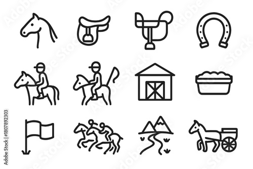 Horse Culture Icons. Horse Culture. Line icon set of Horse Culture: horse, saddle, bridle, whip, rider, horseshoe, stable, water trough, flag, race, steppe
