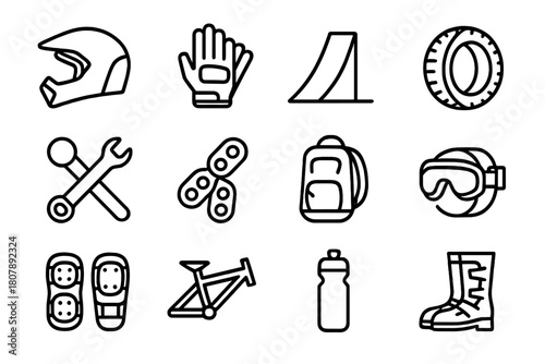 Stunt Bike Gear Icons. Stunt bike equipment. Line icon set of stunt bike equipment: helmet, gloves, ramp, tire, wrench, chain, backpack, goggles, pads, bike