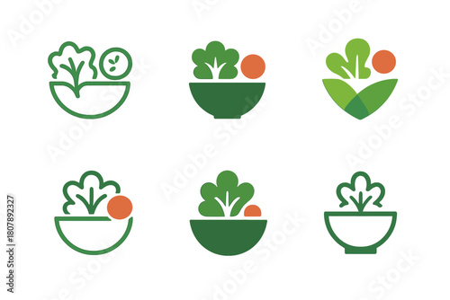 Stylized Salad Logos. Salad bowl. Icon set. Set Logo of salad bowl: stylized bowl with lettuce and tomato shapes. harmonious logo variations of the same