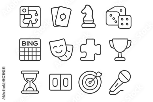 Game Icons Grid. Games and activities. Line icon set of games and activities: board game, playing cards, chess piece, dice, bingo card, theater mask, puzzle