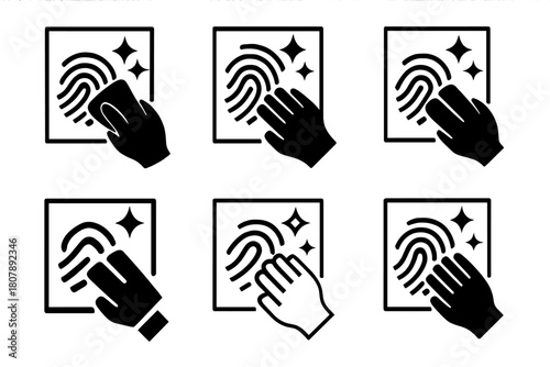 Fingerprint Cleaning Icons. Wiping fingerprints off glass. Icon set. Set Logo of wiping fingerprints off glass: window edge with corner being polished.